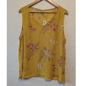 Maurices Womens Mustard Yellow Floral‎ Sleeveless V-Neck Tie Blouse Size 1
